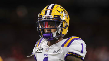NEW ORLEANS, LA - JANUARY 13: Cornerback Kristian Fulton #1 of the LSU Tigers during the College Football Playoff National Championship game against the Clemson Tigers at the Mercedes-Benz Superdome on January 13, 2020 in New Orleans, Louisiana. LSU defeated Clemson 42 to 25. (Photo by Don Juan Moore/Getty Images)