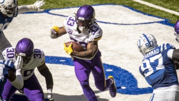INDIANAPOLIS, IN - SEPTEMBER 20: Dalvin Cook #33 of the Minnesota Vikings runs the ball down the field during the third quarter against the Indianapolis Colts at Lucas Oil Stadium on September 20, 2020 in Indianapolis, Indiana. (Photo by Bobby Ellis/Getty Images)