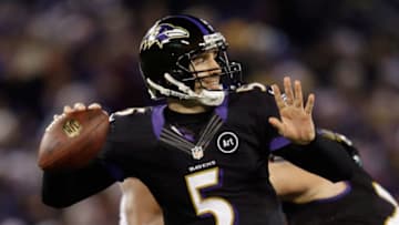 BALTIMORE, MD - DECEMBER 23: Quarterback Joe Flacco #5 of the Baltimore Ravens throws a second half pass against the New York Giants at M&T Bank Stadium on December 23, 2012 in Baltimore, Maryland. (Photo by Rob Carr/Getty Images)