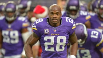 MINNEAPOLIS, MN - DECEMBER 18: Adrian Peterson #28 of the Minnesota Vikings runs off the field after warmups prior to an NFL game against the Indianapolis Colts at U.S. Bank Stadium on December 18, 2016 in Minneapolis, Minnesota. (Photo by Tom Dahlin/Getty Images)