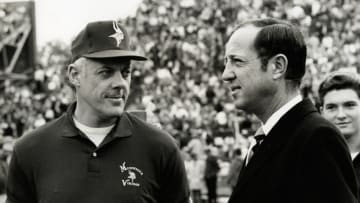 Jan 11, 1970; New Orleans, LA, USA; FILE PHOTO; Minnesota Vikings head coach Bud Grant visits with commissioner Pete Rozelle prior to the game against the Kansas City Chiefs for Super Bowl IV at Tulane Stadium. The Chiefs defeated the Vikings 23-7. Mandatory Credit: Malcolm Emmons-USA TODAY Sports