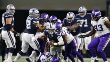 Nov 10, 2019; Arlington, TX, USA; Dallas Cowboys quarterback Dak Prescott (4) is sacked by Minnesota Vikings defensive end Everson Griffen (97) in the second quarter at AT&T Stadium. Mandatory Credit: Tim Heitman-USA TODAY Sports
