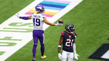 Oct 4, 2020; Houston, Texas, USA; Minnesota Vikings wide receiver Adam Thielen (19) reacts after scoring a touchdown against the Houston Texans during the third quarter at NRG Stadium. Mandatory Credit: Troy Taormina-USA TODAY Sports