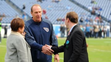 Dec 6, 2015; Nashville, TN, USA; Tennessee Titans interim head coach Mike Mularkey talks with owners Amy Adams Strunk and Kenneth S. Adams, IV prior to the game against the Jacksonville Jaguars at Nissan Stadium. Mandatory Credit: Christopher Hanewinckel-USA TODAY Sports