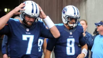 Dec 6, 2015; Nashville, TN, USA; Tennessee Titans quarterback Zach Mettenberger (7) and quarterback Marcus Mariota (8) take the field prior to the game against the Jacksonville Jaguars at Nissan Stadium. Mandatory Credit: Christopher Hanewinckel-USA TODAY Sports