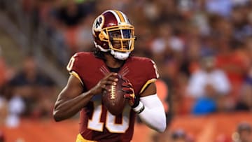 Aug 13, 2015; Cleveland, OH, USA; Washington Redskins quarterback Robert Griffin III (10) looks to pass during the first quarter of preseason NFL football game against the Cleveland Browns at FirstEnergy Stadium. Mandatory Credit: Andrew Weber-USA TODAY Sports