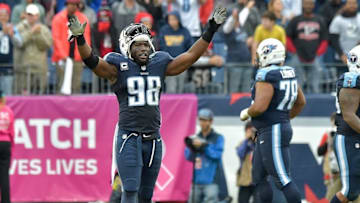 Oct 25, 2015; Nashville, TN, USA; Tennessee Titans outside linebacker Brian Orakpo (98) reacts to his team stopping the Atlanta Falcons touchdown on fourth down during the second half at Nissan Stadium. Atlanta won 10-7. Mandatory Credit: Jim Brown-USA TODAY Sports