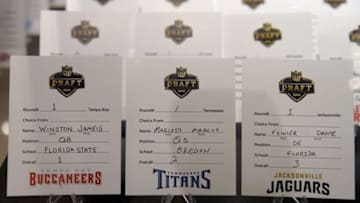 Aug 7, 2015; Canton, OH, USA; General view of 2015 NFL draft selection cards of the Tampa Bay Buccaneers (Jameis Winston), Tennessee Titans (Marcus Mariota) and Jacksonville Jaguars (Dante Fowler). Mandatory Credit: Kirby Lee-USA TODAY Sports