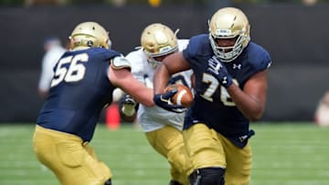 Apr 18, 2015; Notre Dame, IN, USA; Notre Dame Fighting Irish offensive lineman Ronnie Stanley (78) runs after catching a pass in the second quarter of the Blue-Gold Game at the LaBar Practice Complex. Mandatory Credit: Matt Cashore-USA TODAY Sports