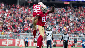 January 3, 2016; Santa Clara, CA, USA; San Francisco 49ers wide receiver Anquan Boldin (81) is congratulated by wide receiver Torrey Smith (82) for scoring a touchdown during the first half against the St. Louis Rams at Levi