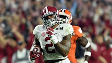 Jan 11, 2016; Glendale, AZ, USA; Alabama Crimson Tide running back Derrick Henry (2) scores a touchdown against the Clemson Tigers in the first quarter in the 2016 CFP National Championship at University of Phoenix Stadium. Mandatory Credit: Matt Kartozian-USA TODAY Sports