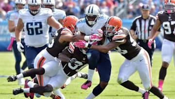 Oct 5, 2014; Nashville, TN, USA; Tennessee Titans wide receiver Justin Hunter (15) carries the ball after a reception against the Cleveland Browns during the first half at LP Field. The Browns beat the Titans 29-28. Mandatory Credit: Don McPeak-USA TODAY Sports