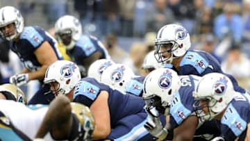 Dec 6, 2015; Nashville, TN, USA; Tennessee Titans quarterback Marcus Mariota (8) calls plays at the line during the first half against the Jacksonville Jaguars at Nissan Stadium. Mandatory Credit: Christopher Hanewinckel-USA TODAY Sports
