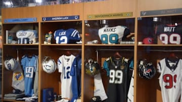 Jan 25, 2015; Phoenix, AZ, USA; Locker room exhibit with Tennessee Titans defensive end Jurrell Casey (99), Indianapolis Colts quarterback Andrew Luck (12), Jacksonville Jaguars defensive tackle Sen