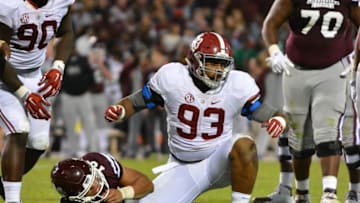 Nov 14, 2015; Starkville, MS, USA; Alabama Crimson Tide defensive lineman Jonathan Allen (93) reacts after tackling Mississippi State Bulldogs quarterback Dak Prescott (15) during the game at Davis Wade Stadium. Alabama won 31-6. Mandatory Credit: Matt Bush-USA TODAY Sports