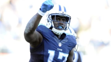 Dec 6, 2015; Nashville, TN, USA; Tennessee Titans receiver Dorial Green-Beckham (17) celebrates after scoring a touchdown after a reception during the second half against the Jacksonville Jaguars at Nissan Stadium. The Titans won 42-39. Mandatory Credit: Christopher Hanewinckel-USA TODAY Sports