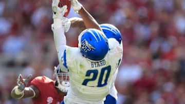 Sep 12, 2015; Tuscaloosa, AL, USA; Middle Tennessee Blue Raiders safety Kevin Byard (20) comes down with an interception during the game against the Alabama Crimson Tide at Bryant-Denny Stadium. Mandatory Credit: Marvin Gentry-USA TODAY Sports