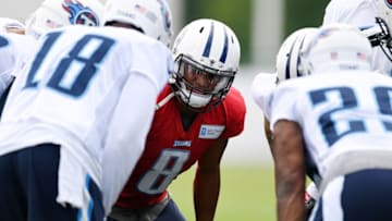 Jul 30, 2016; Nashville, TN, USA; Tennessee Titans quarterback Marcus Mariota (8) talks in the huddle during training camp at Saint Thomas Sports Park. Mandatory Credit: Christopher Hanewinckel-USA TODAY Sports