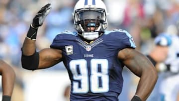 Nov 15, 2015; Nashville, TN, USA; Tennessee Titans linebacker Brian Orakpo (98) celebrates after a sack during the second half against the Carolina Panthers at Nissan Stadium. The Panthers won 27-10. Mandatory Credit: Christopher Hanewinckel-USA TODAY Sports