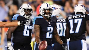 Aug 13, 2016; Nashville, TN, USA; Tennessee Titans running back Derrick Henry (2) celebrates after scoring a touchdown during the first half against San Diego Chargers at Nissan Stadium. Mandatory Credit: Joshua Lindsey-USA TODAY Sports