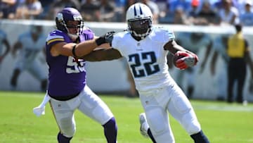Sep 11, 2016; Nashville, TN, USA; Tennessee Titans running back Derrick Henry (22) runs for a first down during the first half against the Minnesota Vikings at Nissan Stadium. Mandatory Credit: Christopher Hanewinckel-USA TODAY Sports
