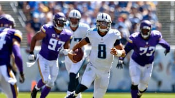 Sep 11, 2016; Nashville, TN, USA; Tennessee Titans quarterback Marcus Mariota (8) rushes during the second half against the Minnesota Vikings at Nissan Stadium. Minnesota won 25-16. Mandatory Credit: Jim Brown-USA TODAY Sports