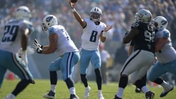 Sep 25, 2016; Nashville, TN, USA; Tennessee Titans quarterback Marcus Mariota (8) throws the ball against the Oakland Raiders at Nissan Stadium. The Raiders won 17-10. Mandatory Credit: Kirby Lee-USA TODAY Sports