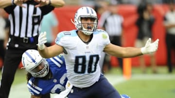 Sep 27, 2015; Nashville, TN, USA; Tennessee Titans tight end Anthony Fasano (80) reacts after a pass interference call during the second half against the Indianapolis Colts at Nissan Stadium. The Colts won 35-33. Mandatory Credit: Christopher Hanewinckel-USA TODAY Sports