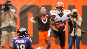 Sep 18, 2016; Cleveland, OH, USA; Cleveland Browns cornerback Joe Haden (23) gets up after intercepting the ball intended for Baltimore Ravens wide receiver Breshad Perriman (18) during the third quarter at FirstEnergy Stadium. The Ravens defeated the Browns 25-20. Mandatory Credit: Scott R. Galvin-USA TODAY Sports