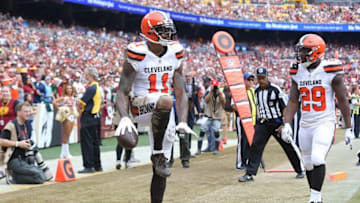 Oct 2, 2016; Landover, MD, USA; Cleveland Browns wide receiver Terrelle Pryor (11) celebrates after catching a touchdown pass against the Washington Redskins in the second quarter at FedEx Field. Mandatory Credit: Geoff Burke-USA TODAY Sports