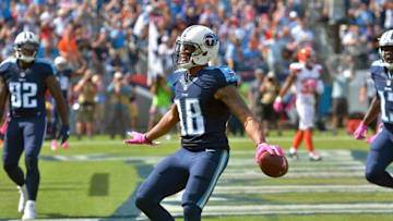Oct 16, 2016; Nashville, TN, USA; Tennessee Titans wide receiver Rishard Matthews (18) reacts after scoring a touchdown against the Cleveland Browns during the first half at Nissan Stadium. Mandatory Credit: Jim Brown-USA TODAY Sports