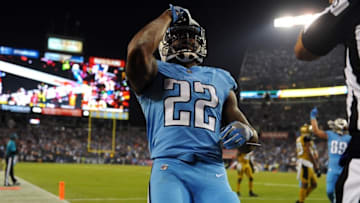 Oct 27, 2016; Nashville, TN, USA; Tennessee Titans running back Derrick Henry (22) celebrates after a touchdown run in the first half against the Jacksonville Jaguars at Nissan Stadium. Mandatory Credit: Christopher Hanewinckel-USA TODAY Sports