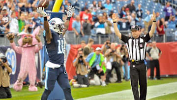 Dec 27, 2015; Nashville, TN, USA; Tennessee Titans wide receiver Tre McBride (16) celebrates catching a pass for a touchdown against the Houston Texans during the second half at Nissan Stadium. Houston won 34-6. Mandatory Credit: Jim Brown-USA TODAY Sports