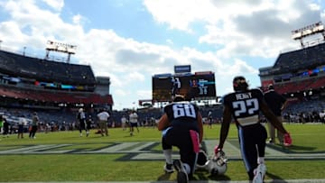 Oct 16, 2016; Nashville, TN, USA; Tennessee Titans offensive guard Quinton Spain (60) and running back Derrick Henry (22) prior to the game against the Cleveland Browns at Nissan Stadium. Mandatory Credit: Christopher Hanewinckel-USA TODAY Sports