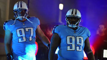 Oct 27, 2016; Nashville, TN, USA; Tennessee Titans defensive lineman Karl Klug (97) and defensive tackle Jurrell Casey (99) take the field prior to the game against the Jacksonville Jaguars at Nissan Stadium. Mandatory Credit: Christopher Hanewinckel-USA TODAY Sports