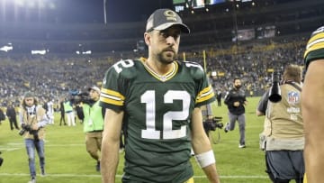 Nov 6, 2016; Green Bay, WI, USA; Green Bay Packers quarterback Aaron Rodgers (12) walks off the field after the game against the Indianapolis Colts at Lambeau Field. The Colts beat the Packers 31-26. Mandatory Credit: Benny Sieu-USA TODAY Sports