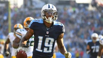 Nov 13, 2016; Nashville, TN, USA; Tennessee Titans wide receiver Tajae Sharpe (19) runs for a touchdown after a reception during the second half against the Green Bay Packers at Nissan Stadium. The Titans won 47-25. Mandatory Credit: Christopher Hanewinckel-USA TODAY Sports