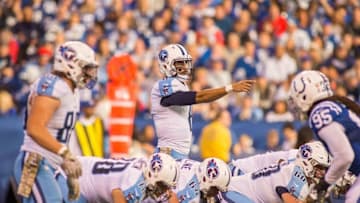 Nov 20, 2016; Indianapolis, IN, USA; Tennessee Titans quarterback Marcus Mariota (8) calls out protections in the second half of the game against the Indianapolis Colts at Lucas Oil Stadium. Indianapolis Colts beat the Tennessee Titans 24-17. Mandatory Credit: Trevor Ruszkowski-USA TODAY Sports