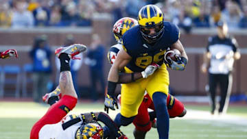 Nov 5, 2016; Ann Arbor, MI, USA; Michigan Wolverines tight end Jake Butt (88) rushes in the first half against the Maryland Terrapins at Michigan Stadium. Mandatory Credit: Rick Osentoski-USA TODAY Sports
