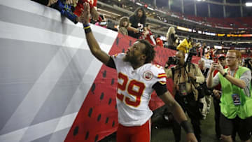 Dec 4, 2016; Atlanta, GA, USA; Kansas City Chiefs strong safety Eric Berry (29) celebrates with fans after defeating the Atlanta Falcons 29-28 at the Georgia Dome. Mandatory Credit: Jason Getz-USA TODAY Sports