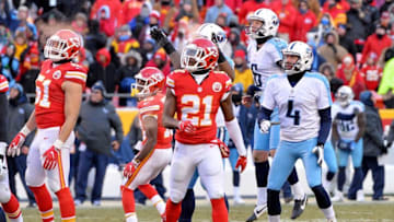 Dec 18, 2016; Kansas City, MO, USA; Tennessee Titans kicker Ryan Succop (4) kicks the winning field goal during the second half against the Kansas City Chiefs at Arrowhead Stadium. Tennessee won 19-17. Mandatory Credit: Denny Medley-USA TODAY Sports