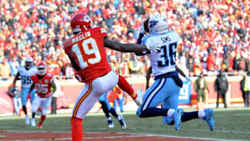 Dec 18, 2016; Kansas City, MO, USA; Tennessee Titans cornerback LeShaun Sims (36) intercepts a pass intended for Kansas City Chiefs wide receiver Jeremy Maclin (19) during the second half at Arrowhead Stadium. The Titans won 19-17. Mandatory Credit: Denny Medley-USA TODAY Sports