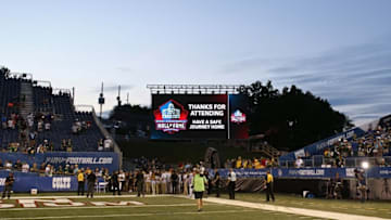 Aug 7, 2016; Canton, OH, USA; A general view as fans leave the 2016 Hall of Fame Game at Tom Benson Hall of Fame Stadium. The game was cancelled due to safety concerns with the condition of the playing surface. Mandatory Credit: Aaron Doster-USA TODAY Sports