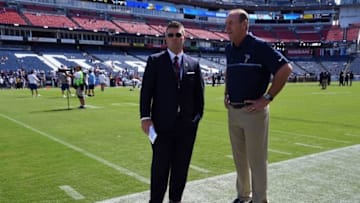 Sep 11, 2016; Nashville, TN, USA; Tennessee Titans general manager Jon Robinson (left) talks with head coach Mike Mularkey prior to the game against the Minnesota Vikings at Nissan Stadium. Mandatory Credit: Christopher Hanewinckel-USA TODAY Sports