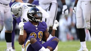 BALTIMORE, MARYLAND - NOVEMBER 25: Outside linebacker Matt Judon #99 of the Baltimore Ravens celebrates a sack against the Oakland Raiders during the fourth quarter at M&T Bank Stadium on November 25, 2018 in Baltimore, Maryland. (Photo by Patrick Smith/Getty Images)