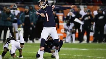 CHICAGO, ILLINOIS - JANUARY 06: Cody Parkey #1 of the Chicago Bears reacts after missing a field goal attempt in the final moments of their 15 to 16 loss to the Philadelphia Eagles in the NFC Wild Card Playoff game at Soldier Field on January 06, 2019 in Chicago, Illinois. (Photo by Jonathan Daniel/Getty Images)