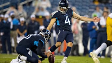 NASHVILLE, TN - AUGUST 17: Ryan Succop #4 of the Tennessee Titans kicks a field goal against the Pittsburgh Steelers during week three of preseason at Nissan Stadium on August 25, 2019 in Nashville, Tennessee. The Steelers defeated the Titans 18-6. (Photo by Wesley Hitt/Getty Images)