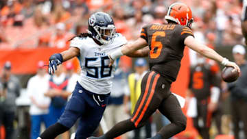 CLEVELAND, OH - SEPTEMBER 8: Sharif Finch #56 of the Tennessee Titans attempts to tackle Baker Mayfield #6 of the Cleveland Browns during the fourth quarter at FirstEnergy Stadium on September 8, 2019 in Cleveland, Ohio. Tennessee defeated Cleveland 43-13. (Photo by Kirk Irwin/Getty Images)