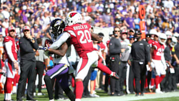 BALTIMORE, MD - SEPTEMBER 15: Marquise Brown #15 of the Baltimore Ravens makes a catch against Tramaine Brock #20 of the Arizona Cardinals during the second half at M&T Bank Stadium on September 15, 2019 in Baltimore, Maryland. (Photo by Dan Kubus/Getty Images)