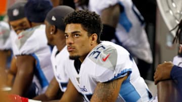CHICAGO, ILLINOIS - AUGUST 29: Amani Hooker #37 of the Tennessee Titans sits on the bench during the second half of a preseason game against the Chicago Bears at Soldier Field on August 29, 2019 in Chicago, Illinois. (Photo by Nuccio DiNuzzo/Getty Images)